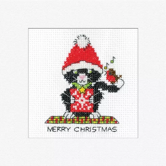 Heritage Black Cat Santa Card Christmas Cross Stitch Kit