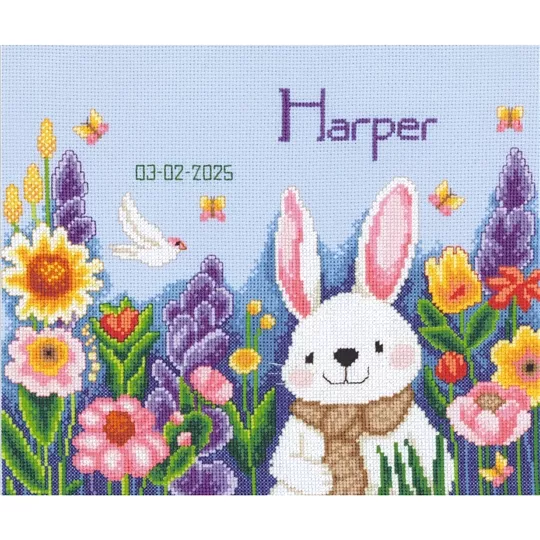 Vervaco Rabbit in Garden Birth Record Birth Sampler Cross Stitch Kit