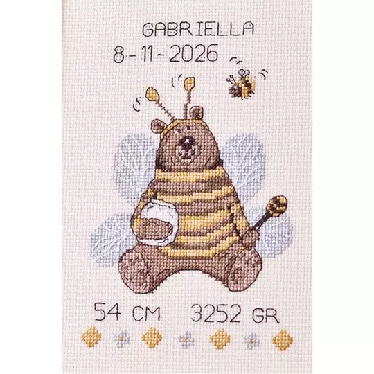 Permin Teddybear Bee Sampler Birth Sampler Cross Stitch Kit
