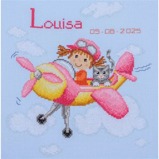 Vervaco Pink Airplane Sampler Birth Sampler Cross Stitch Kit