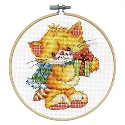 Design Works Crafts Cat and Gift with Hoop Cross Stitch Kit